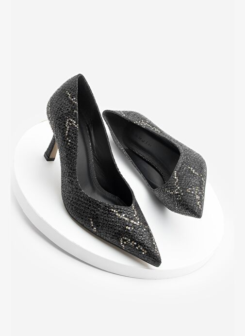 Kadın Stiletto Sivri Burun Yılan Desenli Topuklu Ayakkabı Tosey Siyah Yılan - Görsel 4