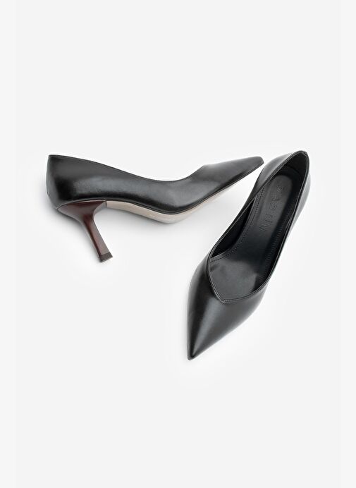 Kadın Stiletto Sivri Burun Ahşap Desen Ökçe Topuklu Ayakkabı Arset Siyah - Görsel 7