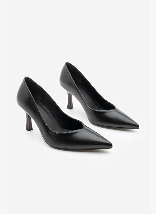 Kadın Stiletto Sivri Burun Ahşap Desen Ökçe Topuklu Ayakkabı Arset Siyah - Görsel 4