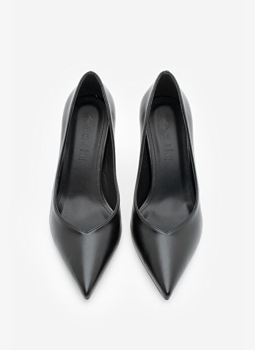 Kadın Stiletto Sivri Burun Ahşap Desen Ökçe Topuklu Ayakkabı Arset Siyah - Görsel 6