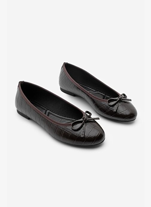 Kadın Yuvarlak Burun Balerin Fiyonklu Günlük Babet Lotvin Kahve Croco - Görsel 6