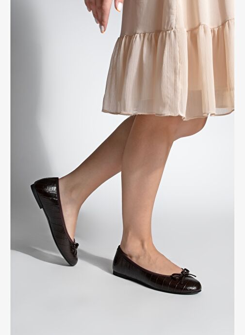 Kadın Yuvarlak Burun Balerin Fiyonklu Günlük Babet Lotvin Kahve Croco - Görsel 5