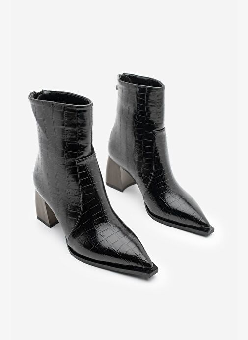 Kadın Sivri Burun Arkadan Fermuarlı Topuklu Bot Erves Siyah Croco - Görsel 4