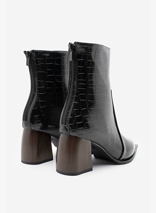 Kadın Sivri Burun Arkadan Fermuarlı Topuklu Bot Erves Siyah Croco - Görsel 6
