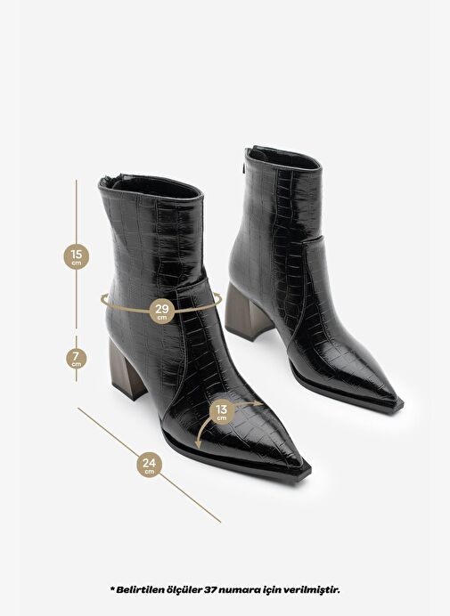Kadın Sivri Burun Arkadan Fermuarlı Topuklu Bot Erves Siyah Croco - Görsel 8