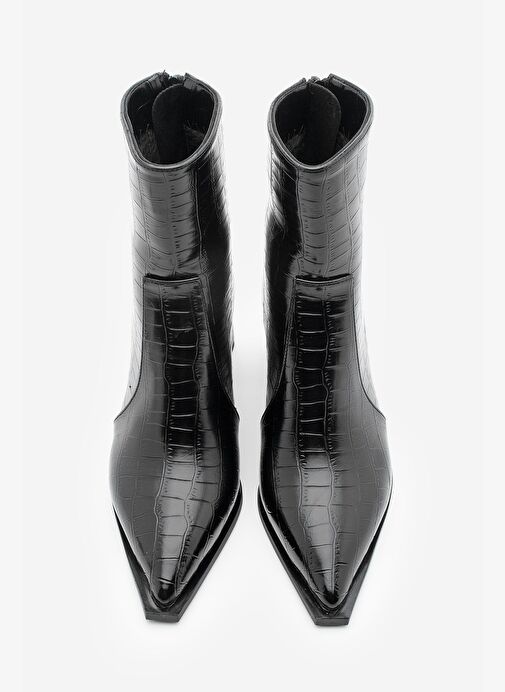 Kadın Sivri Burun Arkadan Fermuarlı Topuklu Bot Erves Siyah Croco - Görsel 5