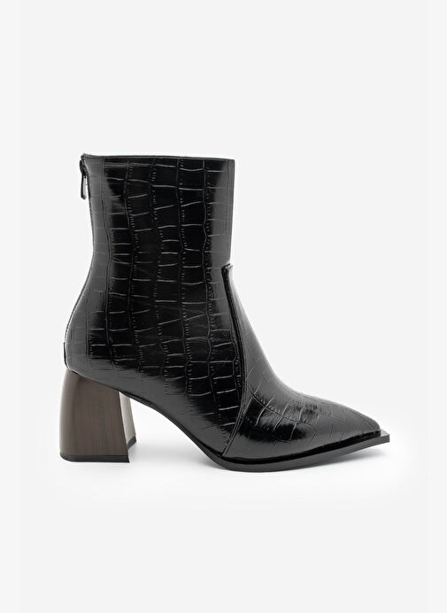 Kadın Sivri Burun Arkadan Fermuarlı Topuklu Bot Erves Siyah Croco - Görsel 3