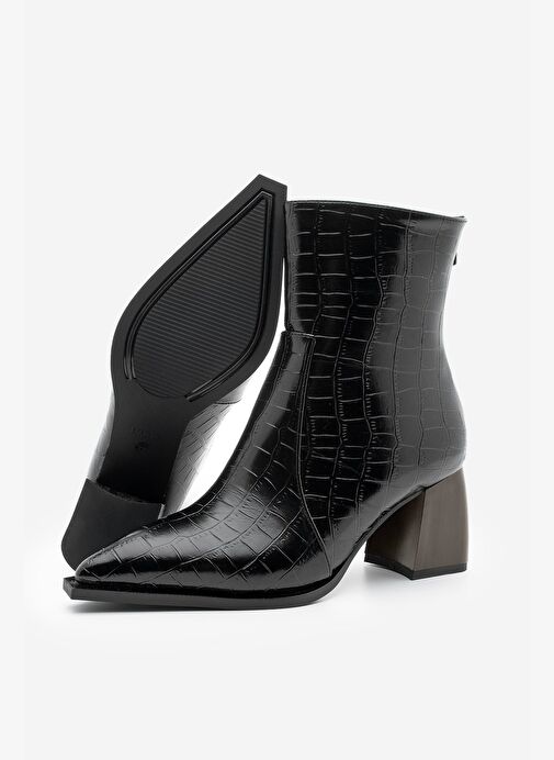 Kadın Sivri Burun Arkadan Fermuarlı Topuklu Bot Erves Siyah Croco - Görsel 7