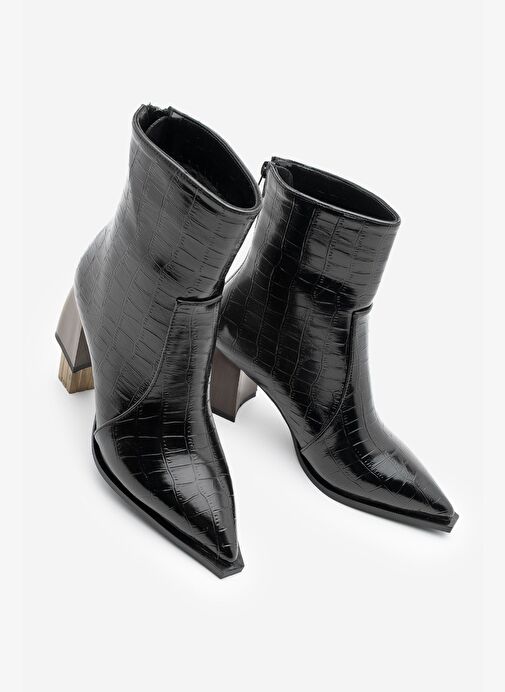 Kadın Sivri Burun Arkadan Fermuarlı Topuklu Bot Erves Siyah Croco - Görsel 2