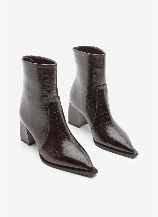 Kadın Sivri Burun Arkadan Fermuarlı Topuklu Bot Erves Kahve Croco - Görsel 7