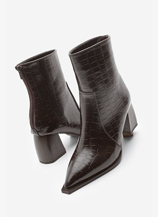 Kadın Sivri Burun Arkadan Fermuarlı Topuklu Bot Erves Kahve Croco - Görsel 2