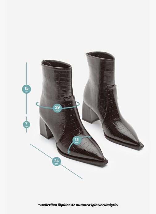 Kadın Sivri Burun Arkadan Fermuarlı Topuklu Bot Erves Kahve Croco - Görsel 9