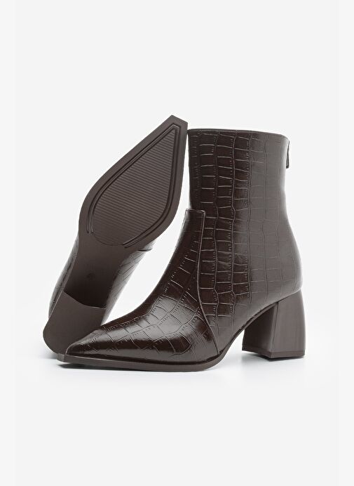 Kadın Sivri Burun Arkadan Fermuarlı Topuklu Bot Erves Kahve Croco - Görsel 8