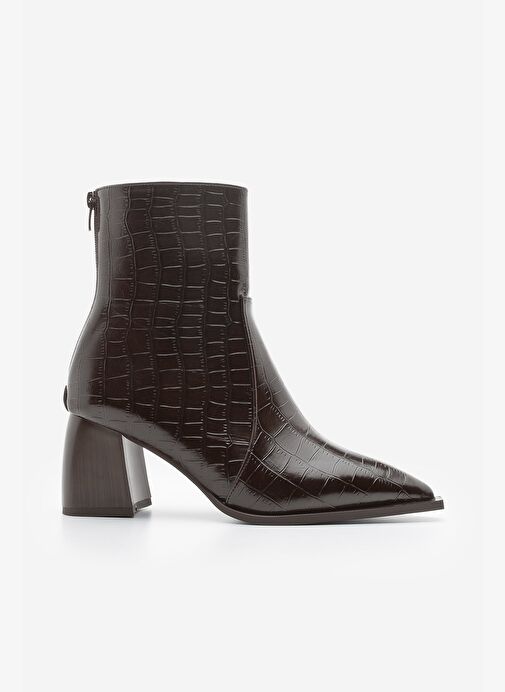 Kadın Sivri Burun Arkadan Fermuarlı Topuklu Bot Erves Kahve Croco - Görsel 5