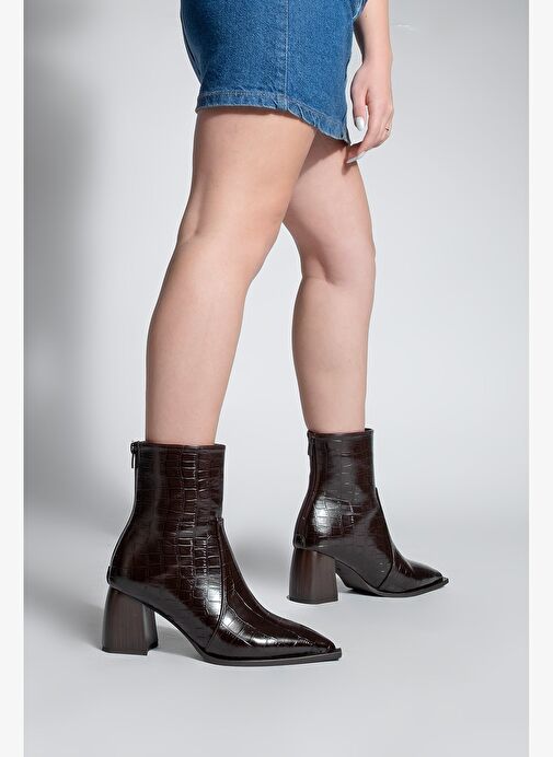 Kadın Sivri Burun Arkadan Fermuarlı Topuklu Bot Erves Kahve Croco - Görsel 4