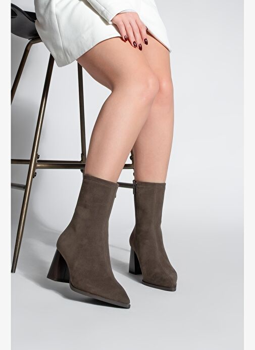 Kadın Kalın Topuklu Sivri Burun Bot Simva Kahve Süet - Görsel 3