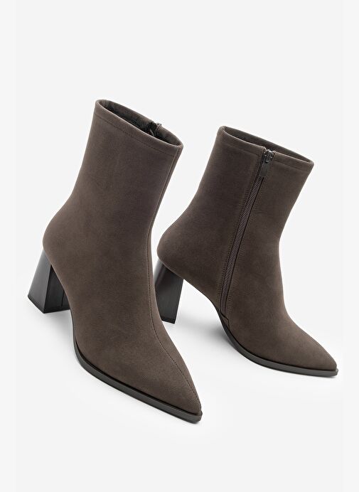 Kadın Kalın Topuklu Sivri Burun Bot Simva Kahve Süet - Görsel 2