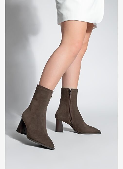 Kadın Kalın Topuklu Sivri Burun Bot Simva Kahve Süet - Görsel 5