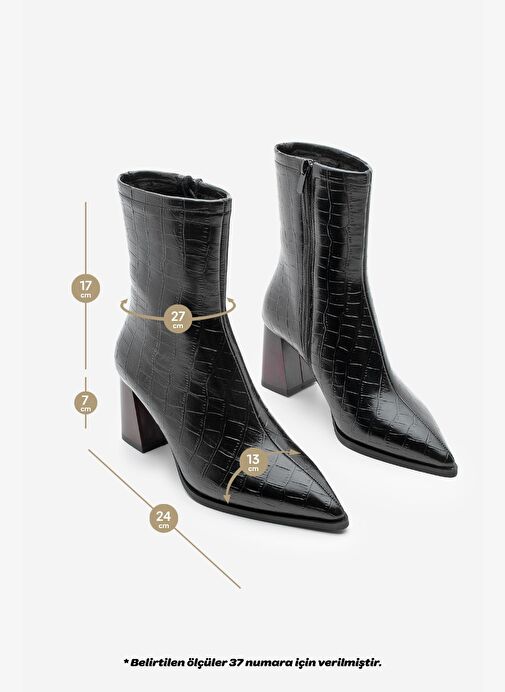 Kadın Kalın Topuklu Sivri Burun Bot Simva Siyah Croco - Görsel 7