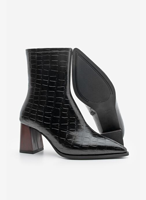 Kadın Kalın Topuklu Sivri Burun Bot Simva Siyah Croco - Görsel 6