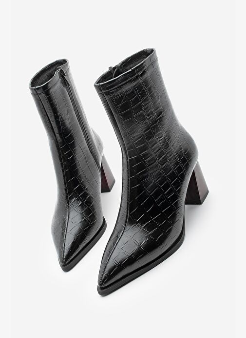 Kadın Kalın Topuklu Sivri Burun Bot Simva Siyah Croco - Görsel 3
