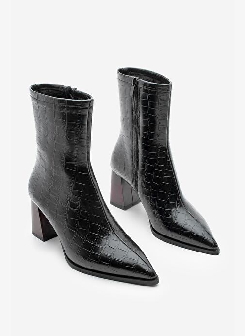Kadın Kalın Topuklu Sivri Burun Bot Simva Siyah Croco - Görsel 2