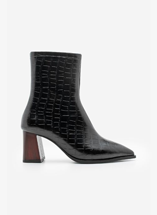 Kadın Kalın Topuklu Sivri Burun Bot Simva Siyah Croco - Görsel 4