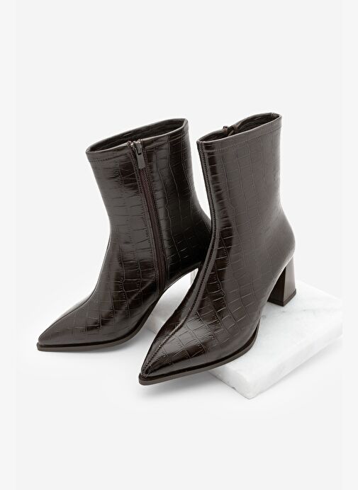 Kadın Kalın Topuklu Sivri Burun Bot Simva Kahve Croco - Görsel 2