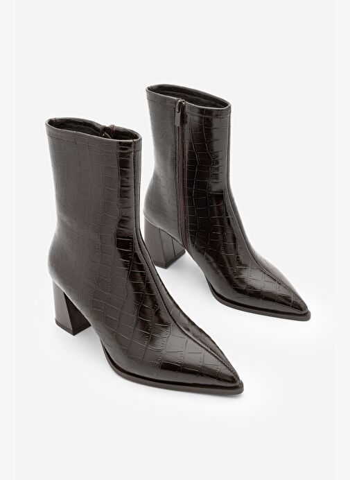 Kadın Kalın Topuklu Sivri Burun Bot Simva Kahve Croco - Görsel 4