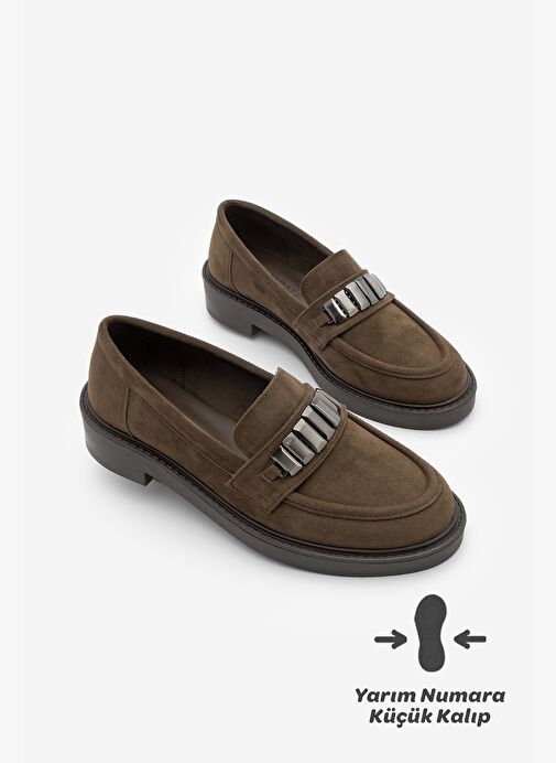 Kadın Loafer Makosen Tokalı Günlük Ayakkabı Vilyum Kahve Süet - Görsel 2