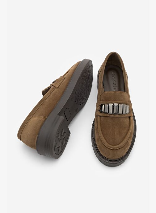 Kadın Loafer Makosen Tokalı Günlük Ayakkabı Vilyum Taba Süet - Görsel 9