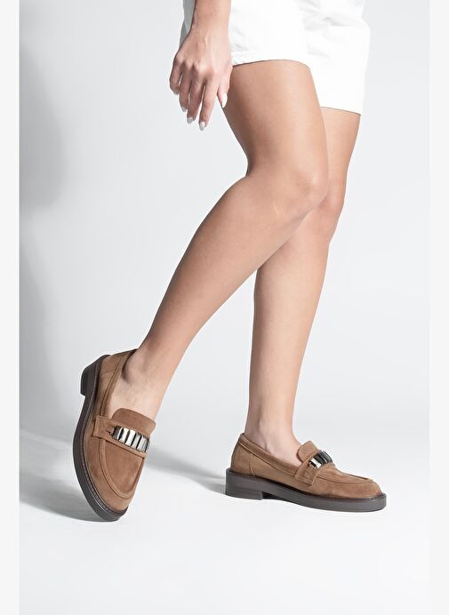 Kadın Loafer Makosen Tokalı Günlük Ayakkabı Vilyum Taba Süet - Görsel 3