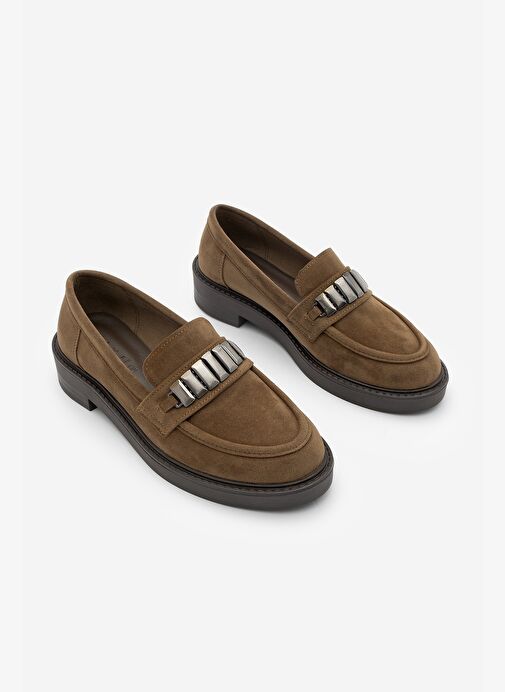 Kadın Loafer Makosen Tokalı Günlük Ayakkabı Vilyum Taba Süet - Görsel 6