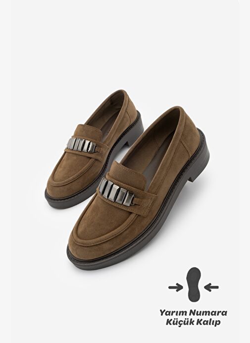 Kadın Loafer Makosen Tokalı Günlük Ayakkabı Vilyum Taba Süet - Görsel 2