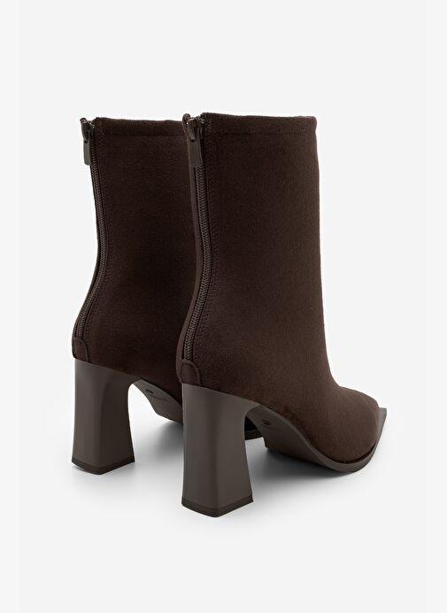 Kadın Topuklu Bot Sivri Burun Arkadan Fermuarlı Kalın Ökçe Kikas Kahve Süet - Görsel 7