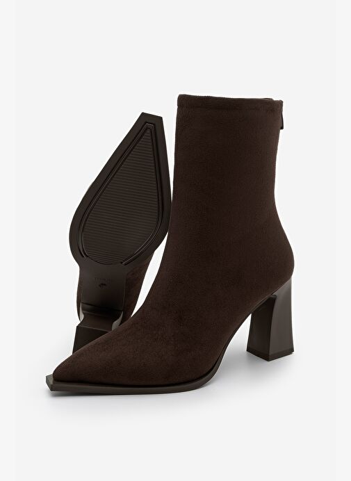 Kadın Topuklu Bot Sivri Burun Arkadan Fermuarlı Kalın Ökçe Kikas Kahve Süet - Görsel 9
