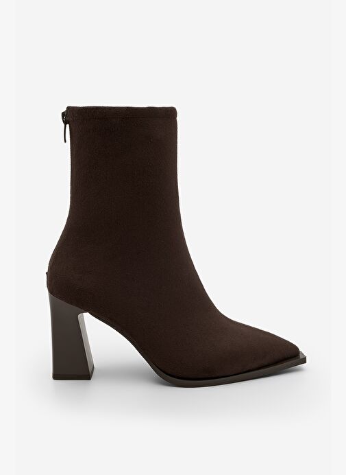 Kadın Topuklu Bot Sivri Burun Arkadan Fermuarlı Kalın Ökçe Kikas Kahve Süet - Görsel 5