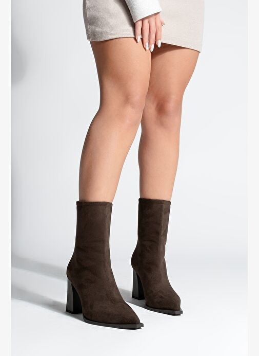 Kadın Topuklu Bot Sivri Burun Arkadan Fermuarlı Kalın Ökçe Kikas Kahve Süet - Görsel 6