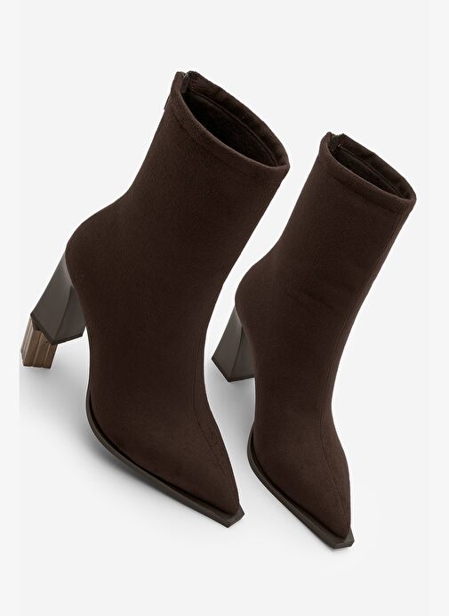 Kadın Topuklu Bot Sivri Burun Arkadan Fermuarlı Kalın Ökçe Kikas Kahve Süet - Görsel 2