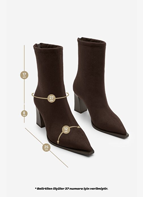 Kadın Topuklu Bot Sivri Burun Arkadan Fermuarlı Kalın Ökçe Kikas Kahve Süet - Görsel 3