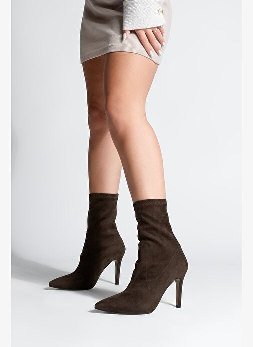Kadın Sivri Burun Fermuarsız Streç Süet Topuklu Bot Pesina Kahve - Görsel 6
