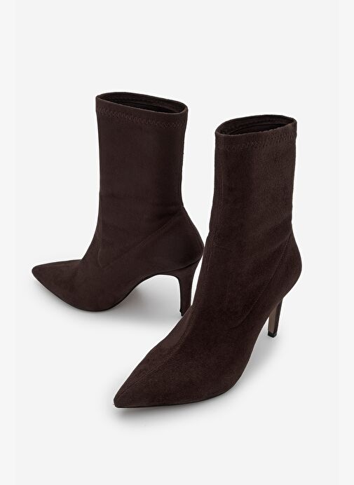 Kadın Sivri Burun Fermuarsız Streç Süet Topuklu Bot Pesina Kahve - Görsel 2