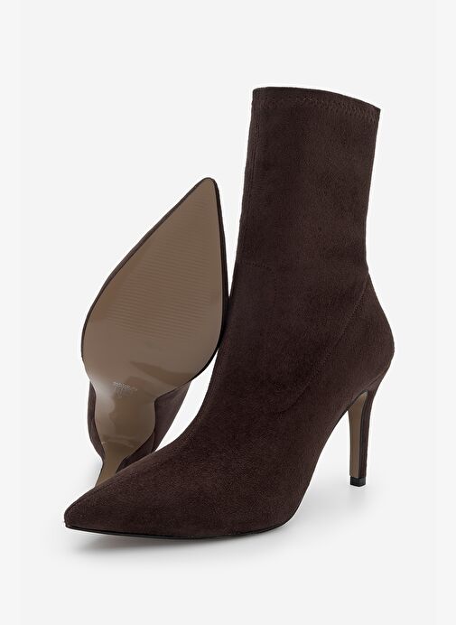 Kadın Sivri Burun Fermuarsız Streç Süet Topuklu Bot Pesina Kahve - Görsel 9
