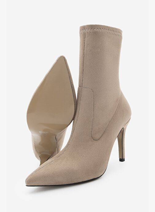Kadın Sivri Burun Fermuarsız Streç Süet Topuklu Bot Pesina Vizon - Görsel 6