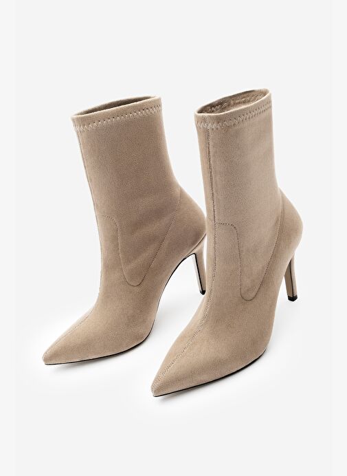 Kadın Sivri Burun Fermuarsız Streç Süet Topuklu Bot Pesina Vizon - Görsel 2