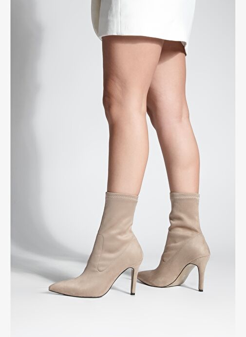 Kadın Sivri Burun Fermuarsız Streç Süet Topuklu Bot Pesina Vizon - Görsel 8