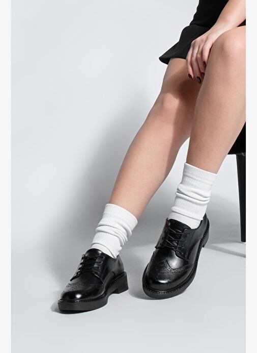Kadın Bağcıklı Maskülen Çift Yüzlü Günlük Oxford Ayakkabı Sindo Siyah - Görsel 5