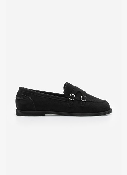 Kadın Loafer Tokalı Çift Bantlı Günlük Ayakkabı Ovora - Siyah Süet - Görsel 4