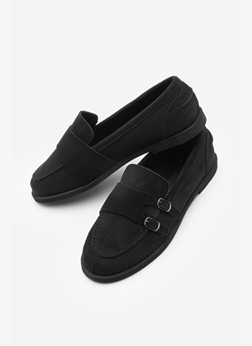 Kadın Loafer Tokalı Çift Bantlı Günlük Ayakkabı Ovora - Siyah Süet - Görsel 2