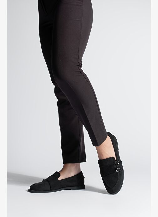 Kadın Loafer Tokalı Çift Bantlı Günlük Ayakkabı Ovora - Siyah Süet - Görsel 6